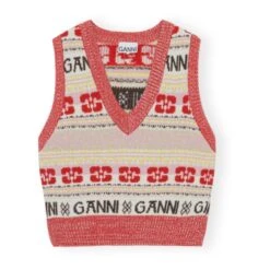 Ganni Pull Sans Manches Logo Laine Recyclée | Red